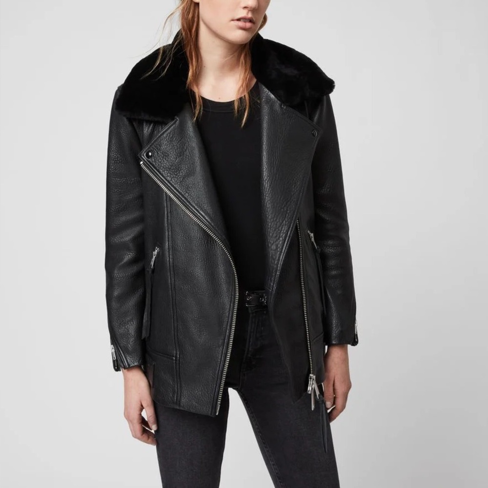 ALL SAINTS black leather 2-in-1 jacket shearling collar size Small US 2-4